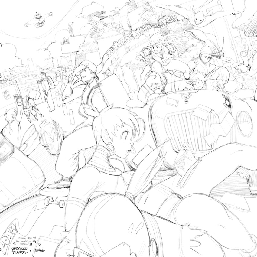 absolutely_everyone anklet antenna_hair arm_up armlet ass bag bandana banner baseball_cap beard bikini blanka brekkist cammy_white capcom car chest_hair chun-li cloud cody_travers cutoffs dated denim denim_shorts dhalsim dougi drill_hair driving dudley earrings elena_(street_fighter) everyone facial_hair flying flying_sweatdrops genryuusai_maki greyscale guile han_juri hat hibiki_dan highres hoop_earrings hugo_andore ibuki_(street_fighter) japanese_clothes jewelry ken_masters kimono long_hair makoto_(street_fighter) mohawk monochrome motor_vehicle multiple_boys multiple_girls mustache navel neck_ring necro_(street_fighter) ninja one_eye_closed oro oro_(street_fighter) outdoors outstretched_arms over_shoulder pants poison_(final_fight) ponytail q_(street_fighter) ryu_(street_fighter) scrunchie short_hair short_shorts shorts signature skateboard sketch sky smile sports_bra spread_arms street_fighter street_fighter_iii_(series) swimsuit torn_clothes twelve_(street_fighter) twin_drills very_long_hair waving yun_lee zangief