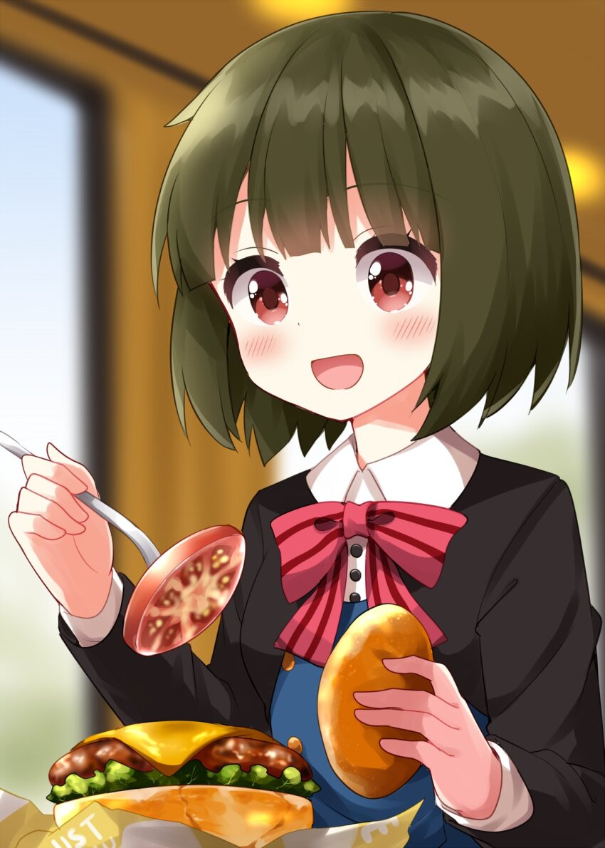 1girl :d black_jacket blunt_bangs blurry blurry_background blush bow bowtie bread_bun burger collared_shirt commentary_request food fork green_hair highres holding holding_fork indoors jacket kin-iro_mosaic long_sleeves meat oomiya_shinobu open_mouth red_bow red_bowtie red_eyes ruu_(tksymkw) salad shirt short_hair smile solo striped_bow tomato upper_body white_shirt
