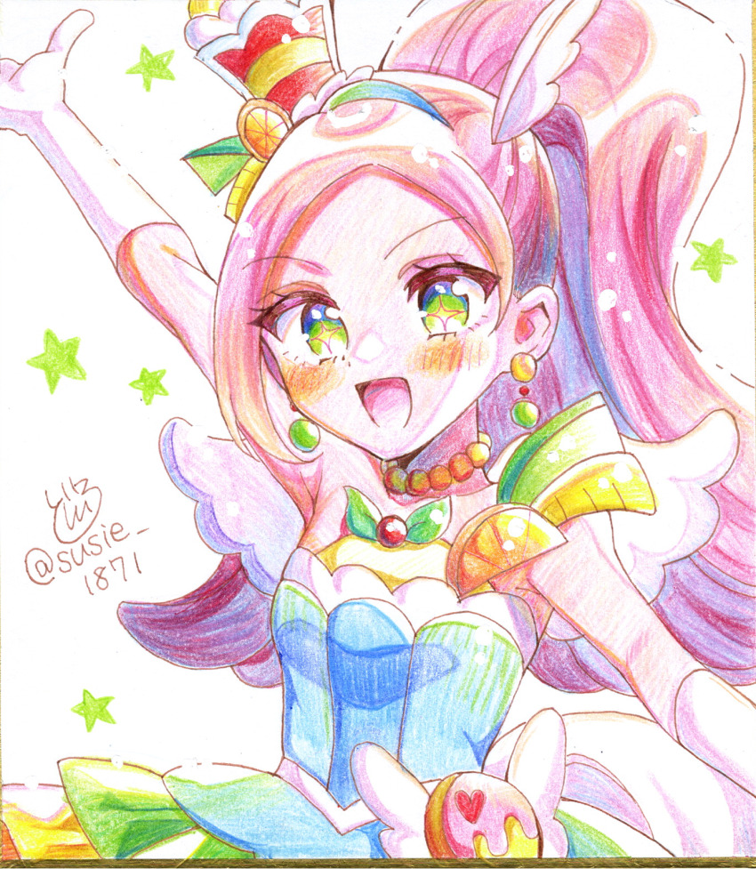 1girl animal_ears arm_up armpits bare_shoulders berry blush choker commentary_request cure_parfait doroshii dress earrings food food-themed_hair_ornament fruit gloves hair_ornament headband highres horse_ears jewelry kirahoshi_ciel kirakira_precure_a_la_mode kiwi_(fruit) leaf lemon long_hair looking_at_viewer multicolored_eyes open_mouth orange_(fruit) outstretched_arm parfait pearl_choker pearl_earrings pink_hair ponytail precure solo sparkling_eyes star_(symbol) strapless strapless_dress tail traditional_media white_gloves white_tail white_wings wings