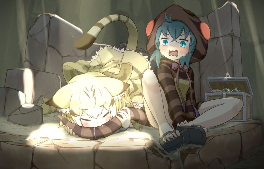 2girls :3 animal_ears animal_print back_bow bare_legs biting_another&#039;s_tail blonde_hair blue_eyes blue_hair blush bow brown_hair cat_ears cat_girl cat_tail closed_eyes ears_down frilled_skirt frills geta gloves hair_between_eyes high-waist_skirt highres hood hood_up hoodie japari_coin kemono_friends kemono_friends_3 light_rays long_sleeves looking_at_another multicolored_hair multiple_girls onefiresticks print_hoodie print_skirt saliva sand_cat_(kemono_friends) short_hair sidelocks sitting skirt snake_girl snake_print snake_tail surprised tail tengu-geta treasure_chest tsuchinoko_(kemono_friends) wavy_mouth white_gloves white_hair