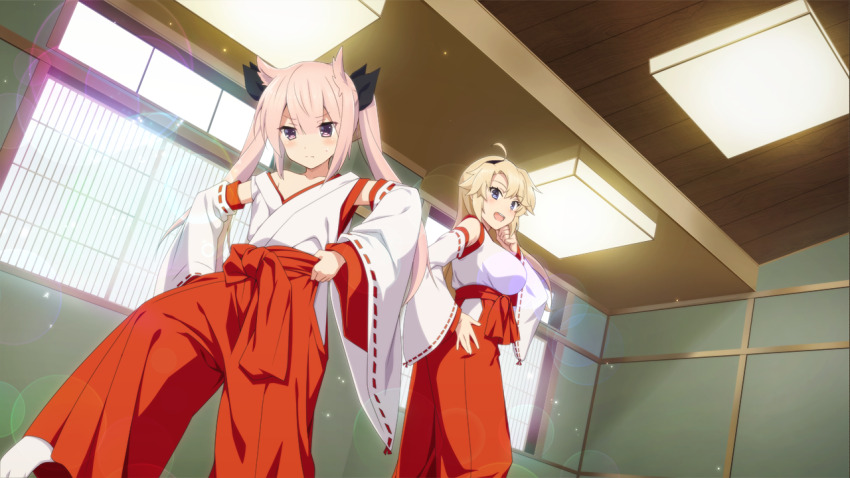 2girls ahoge blonde_hair blue_eyes blush breasts closed_mouth detached_sleeves game_cg hair_horns hakama hand_on_own_hip indoors japanese_clothes kimono kohagura_ellen large_breasts long_hair looking_at_viewer mashiko_kaoru miko multiple_girls official_art open_mouth pink_hair puffy_sleeves purple_eyes red_hakama sidelocks socks standing sweat toji_no_miko toji_no_miko:_kizamishi_issen_no_tomoshibi twintails v-shaped_eyebrows white_kimono white_sleeves white_socks wide_sleeves