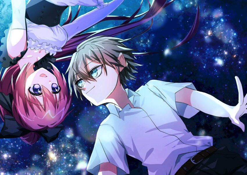 1boy 1girl blue_eyes bow brown_hair choker gloves hair_bow highres long_hair mamiya_takuji night night_sky open_mouth ponytail riruru_(subarashiki_hibi) rotational_symmetry school_uniform shirt short_hair sky smile tsui_no_sora tsui_no_sora_(remake) ukairo_4463 white_shirt