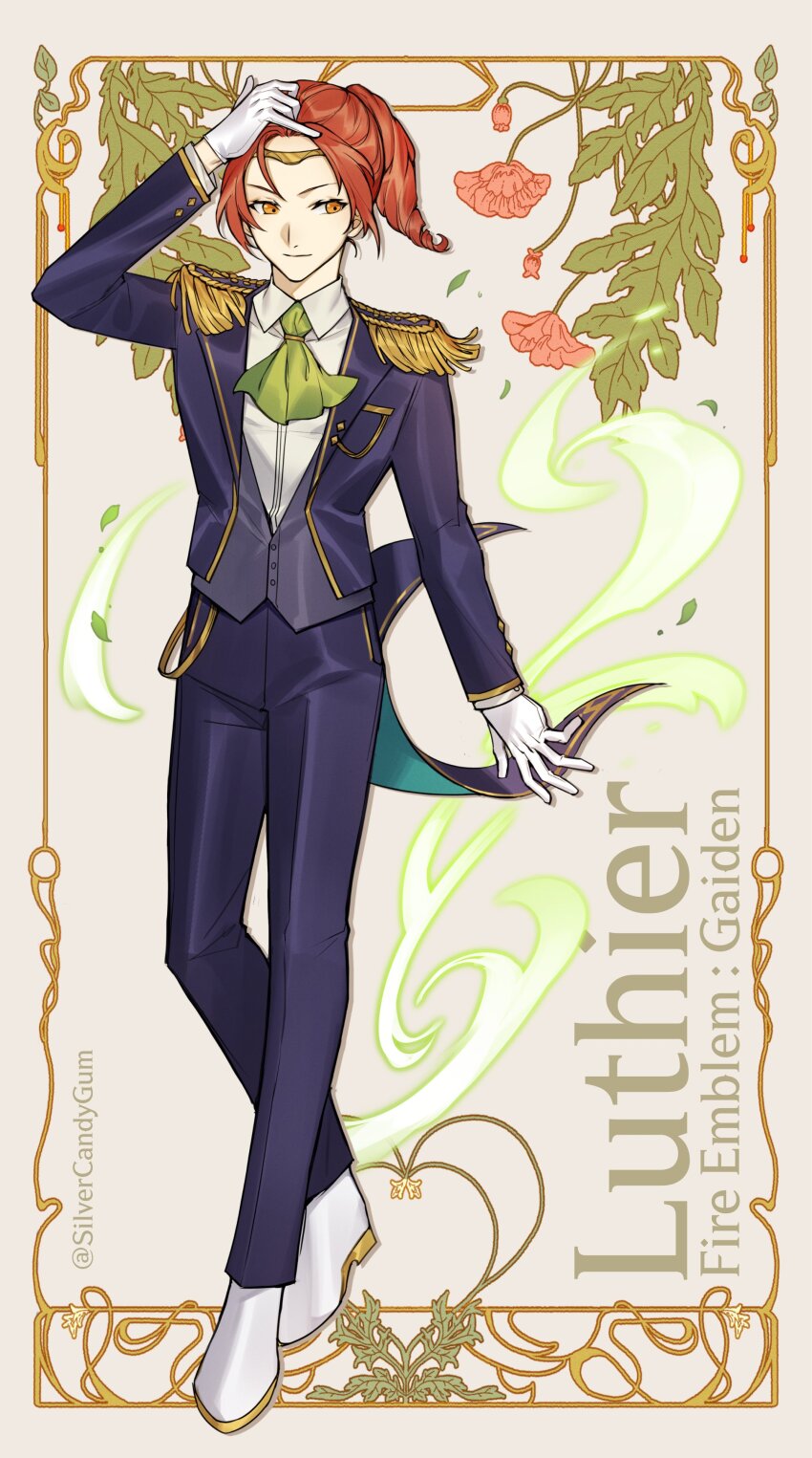 1boy absurdres artist_name ascot aura blue_pants blue_suit border character_name circlet closed_mouth commentary commission copyright_name english_commentary epaulettes fire_emblem fire_emblem_gaiden flower formal_clothes full_body gloves green_ascot highres inset_border luthier_(fire_emblem) male_focus nintendo orange_eyes ornate_border pants red_flower red_hair short_hair silvercandy_gum standing suit twitter_username white_background white_gloves