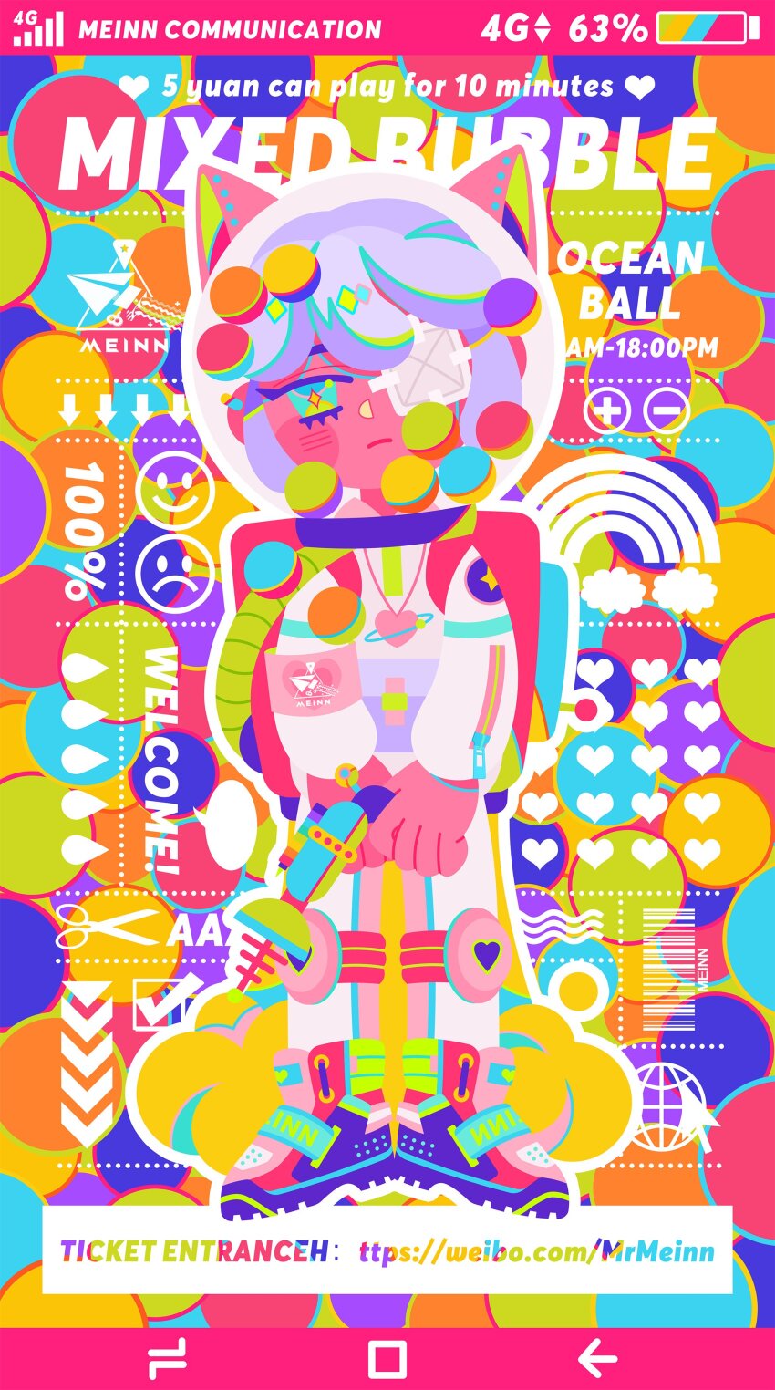 1girl absurdres animal_ear_headwear animal_ears astronaut backpack bag battery_indicator blue_eyes blush_stickers bright_pupils cat_ears closed_mouth colorful colorful_background commentary diamond-shaped_pupils diamond_(shape) energy_gun english_commentary english_text expressionless eyepatch fake_animal_ears frown full_body gun helmet highres holding holding_gun holding_weapon medical_eyepatch mrmeinn original outline pink_bag purple_hair ray_gun short_hair solo space_helmet spacesuit standing symbol-shaped_pupils weapon weibo_username white_outline yellow_pupils