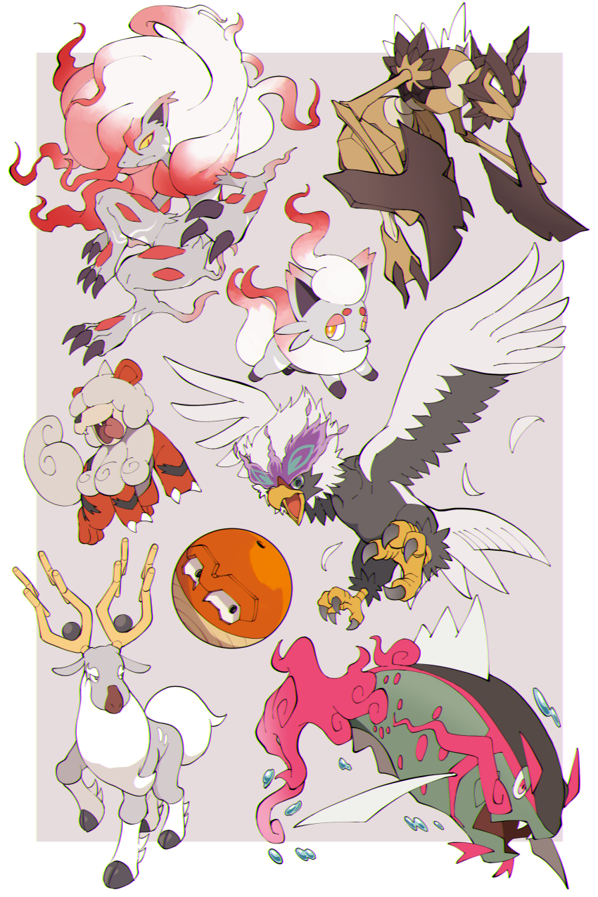 absurdres axe basculegion basculegion_(male) bird black_eyes border claws commentary_request fangs fish gen_8_pokemon grey_background grey_fur hakuginnosora highres hisuian_braviary hisuian_growlithe hisuian_voltorb hisuian_zoroark hisuian_zorua kleavor nintendo open_mouth pokemon pokemon_(creature) talons tongue tongue_out white_border wyrdeer