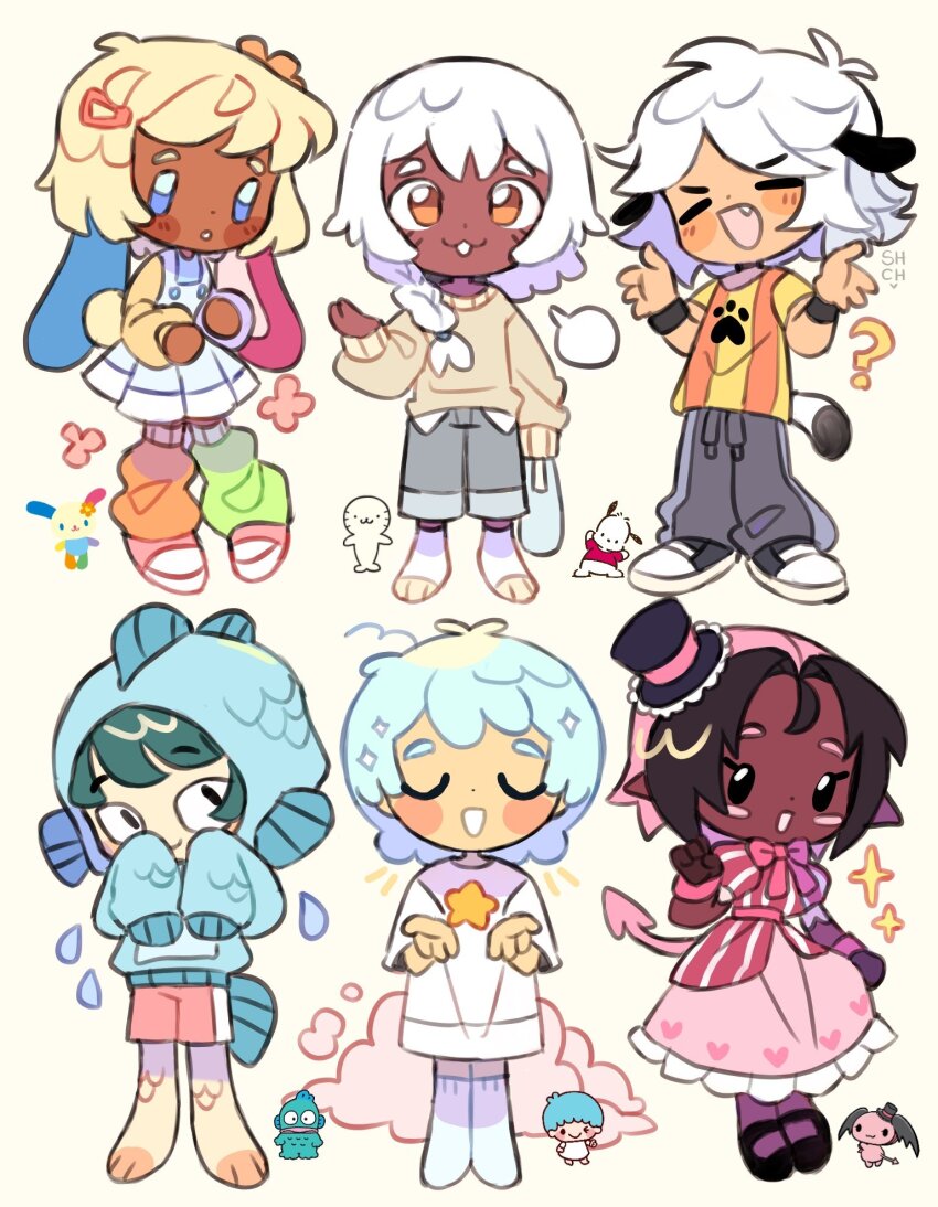1other 2girls 3boys androgynous animal_ears black_hair blonde_hair blue_eyes blue_hair braid cherry_(sanrio) commentary dark-skinned_female dark_skin demon_girl demon_tail dog_boy dog_ears dog_tail dress english_commentary fuwa_fuwa_cinnamoroll green_hair grey_pants hana-maru_(sanrio) hangyodon highres hood hood_up hoodie humanization lala_(little_twin_stars) leg_warmers little_twin_stars lolita_fashion long_hair multiple_boys multiple_girls pants pink_dress pink_hair pochacco rabbit_ears rabbit_girl rabbit_tail sanrio scales sharpycharot shoes short_hair shorts single_braid sneakers sweater sweet_lolita tail usahana very_dark_skin white_dress white_hair yellow_eyes yellow_sweater