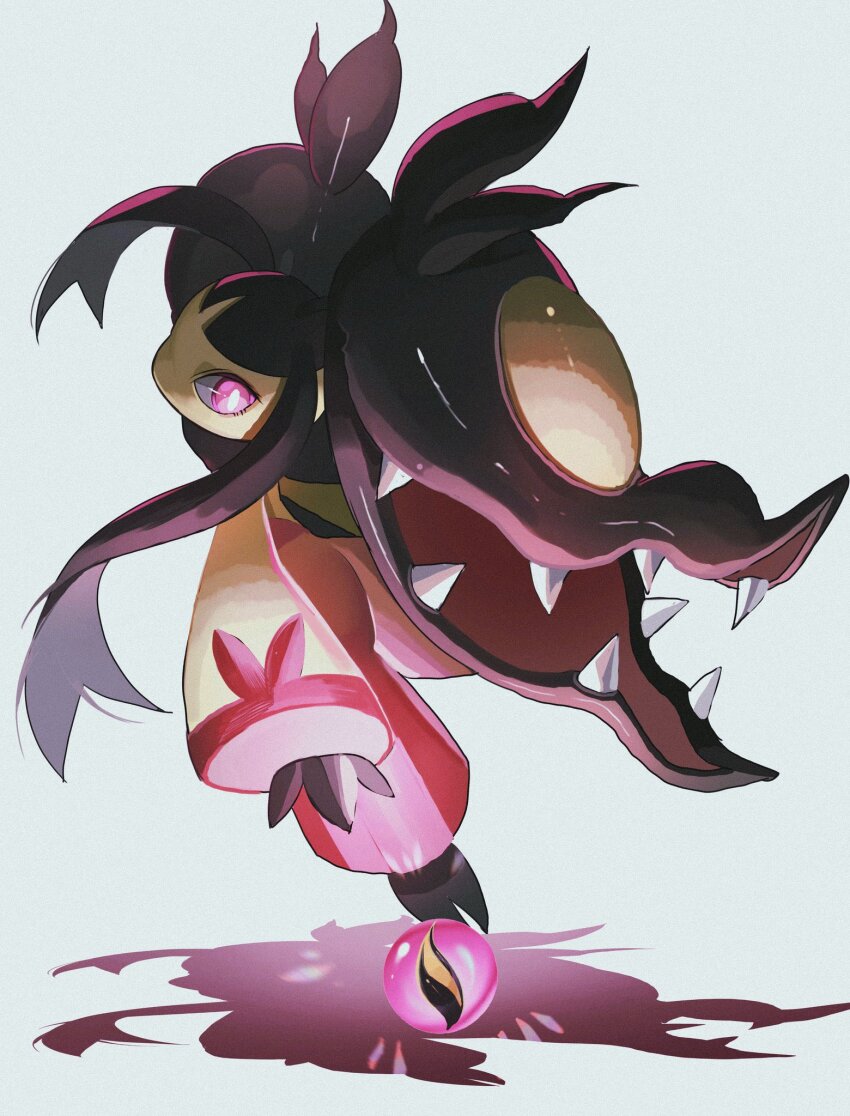1other bright_pupils commentary_request eyelashes gen_3_pokemon highres looking_at_viewer looking_back mawile mega_mawile mega_pokemon nintendo other_focus pink_eyes pokemon pokemon_(creature) reo_(mmocc123) shaded_face sharp_teeth solo teeth white_background white_pupils