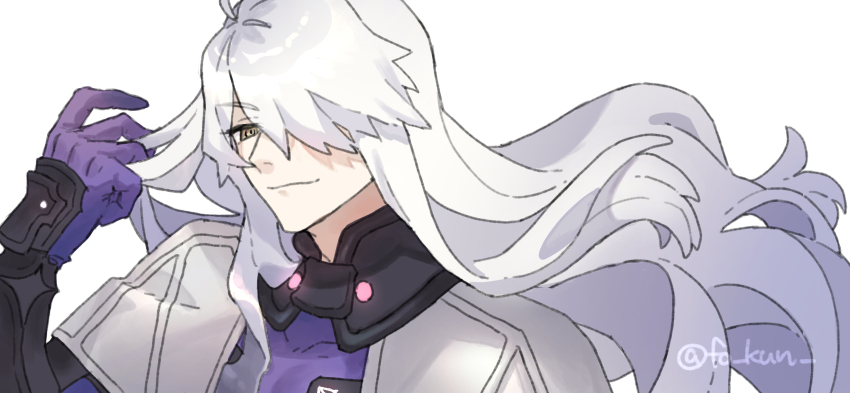 1boy armor black_armor capelet chickenuma_0 commentary_request fate/requiem fate_(series) galahad_(fate) galahad_alter_(fate) gloves hair_over_one_eye highres knight long_hair male_focus one_eye_covered purple_capelet purple_gloves solo twitter_username very_long_hair white_hair yellow_eyes