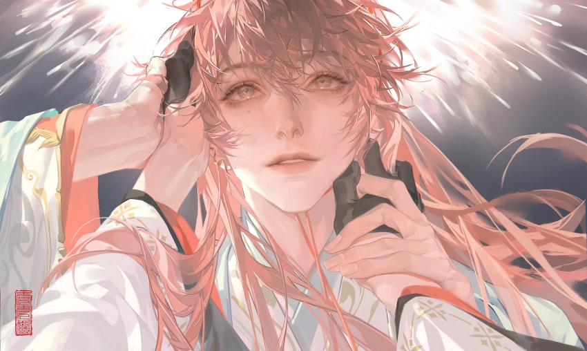 1boy 1other absurdres androgynous black_gloves chinese_commentary code:_kite commentary_request eyelashes fingernails gloves grey_eyes half_gloves hand_on_another&#039;s_face hand_on_another&#039;s_hand highres long_hair long_sleeves longchengheipaoe male_focus out_of_frame parted_lips pink_hair solo_focus teeth upper_body white_background yuan_ji_(code:_kite)