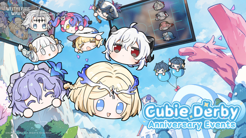 abby_(wuthering_waves) balloon black_flower black_hair black_horns blake_bloom_(wuthering_waves) blonde_hair blue_eyes blue_flower blue_hair blue_sky brant_(wuthering_waves) calcharo_(wuthering_waves) camellya_(wuthering_waves) cantarella_(wuthering_waves) carlotta_(wuthering_waves) cartethyia_(wuthering_waves) changli_(wuthering_waves) closed_eyes commentary crown_of_thorns curled_horns day english_commentary english_text facial_mark female_rover_(wuthering_waves) flower glowstick grey_hair hair_between_eyes hair_flower hair_ornament hat headdress headpat heterochromia highres horns jinhsi_(wuthering_waves) logo male_rover_(wuthering_waves) mark_under_eye mole mole_on_cheek multicolored_hair no_humans objectification official_art open_mouth phoebe_(wuthering_waves) pink_eyes pink_hair purple_hair red_eyes roccia_(wuthering_waves) rover_(wuthering_waves) shorekeeper_(wuthering_waves) short_hair sky smile streaked_hair sweat tacet_mark_(wuthering_waves) tricorne two-tone_hair white_eyes white_hair white_hat wuthering_waves yellow_eyes zani_(wuthering_waves)