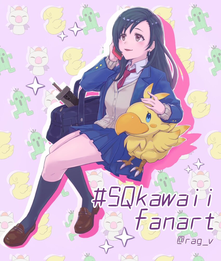 1girl bag black_hair black_socks blue_jacket blue_skirt blush brown_eyes buster_sword cellphone chocobo collared_shirt drop_shadow earrings final_fantasy final_fantasy_vii full_body goodsign hashtag-only_commentary highres holding holding_phone invisible_chair jacket jewelry kneehighs long_hair long_sleeves loose_necktie miniskirt moogle necktie open_clothes open_jacket open_mouth phone pleated_skirt red_necktie sabotender school_uniform shirt single_earring sitting skirt socks solo sparkle stuffed_toy sweater_vest teardrop_earrings thighs tifa_lockhart twitter_username white_shirt yellow_sweater_vest