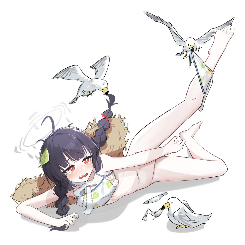 1girl absurdres ahoge barefoot bikini_bottom_pull bird black_hair blue_archive braid bright_pupils charm_(object) coral_hair_ornament covering_crotch covering_privates crying crying_with_eyes_open feet halo hat highres ka_keo leaf leaf_on_head legs long_hair low_twin_braids lying miyu_(blue_archive) miyu_(swimsuit)_(blue_archive) navel neck_ribbon on_side open_mouth pulling_another&#039;s_clothes red_eyes ribbon seagull simple_background snot solo stomach straw_hat sun_hat tears toes twin_braids wavy_mouth white_background white_pupils white_ribbon