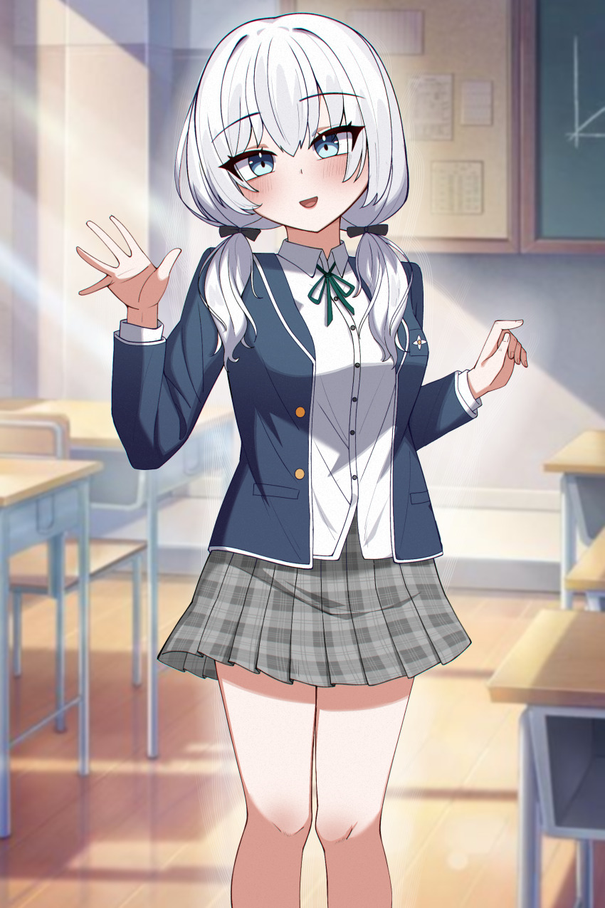 1girl ars_almal ars_almal_(4th_costume) blue_eyes blush blush_stickers bow chair classroom commission desk eyebrows eyelashes hair_bow hair_ribbon highres indoors knee_up knees_up light_rays looking_at_viewer nijisanji nose open_mouth ribbon saruneo school_uniform shadow shirt skirt smile solo standing sunlight thighs twintails virtual_youtuber white_hair