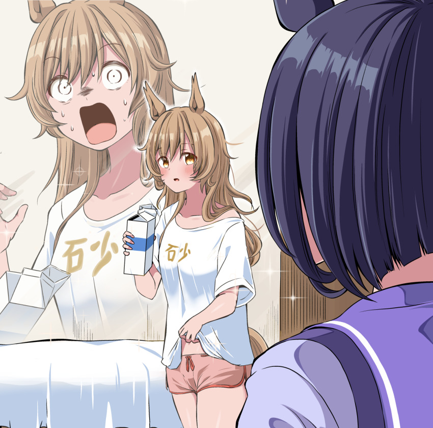 2girls alternate_hairstyle animal_ears black_hair blush boyshort_panties brown_hair caught clothes_lift commentary_request constricted_pupils eishin_flash_(umamusume) hair_between_eyes hair_down hand_up highres holding holding_carton holding_milk_carton horse_ears horse_girl horse_tail indoors long_hair looking_at_another messy_hair milk_carton multiple_girls nervous_sweating open_mouth raised_eyebrows shino_(ponjiyuusu) shirt_lift short_hair short_sleeves smart_falcon_(umamusume) sparkle sweat tail umamusume underwear very_long_hair wide-eyed yellow_eyes