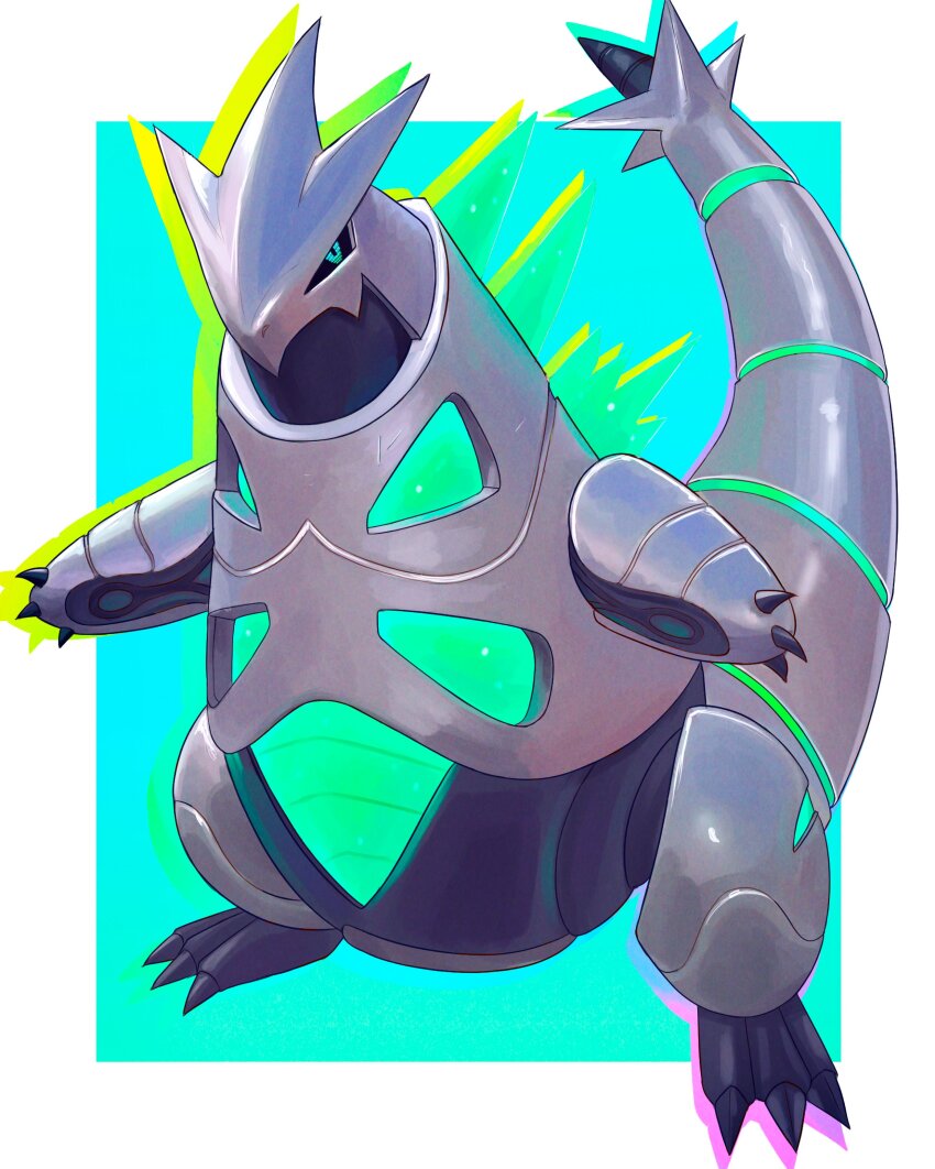 absurdres alternate_color aqua_eyes armor black_sclera claws colored_sclera colored_skin fangs game_freak gen_9_pokemon green_armor grey_skin highres iron_thorns long_tail metal nintendo no_humans non-humanoid_robot pokemon pokemon_(creature) robot shiny_pokemon skin_fangs solo standing tail truejekart v-shaped_eyes