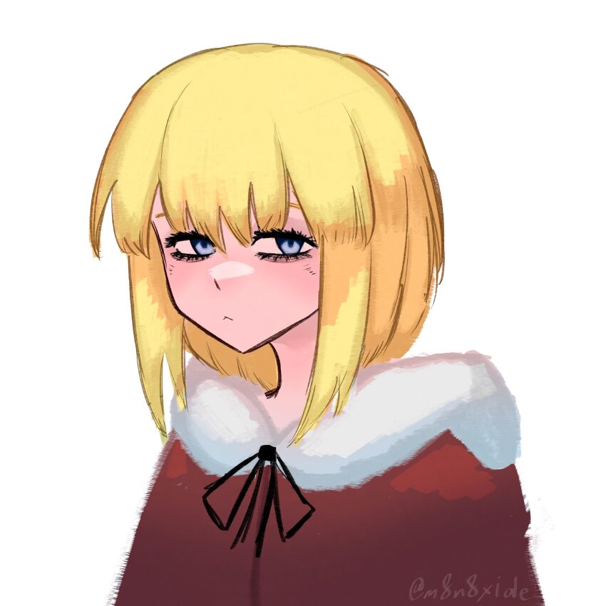 black_ribbon black_souls black_souls_2 blonde_hair blue_eyes cloak closed_mouth fur_trim hair_over_eyes highres light_blush looking_at_viewer looking_to_the_side m8n8xide medium_hair red_cloak red_hood_(black_souls) ribbon short_hair_with_long_locks sidelocks signature white_background