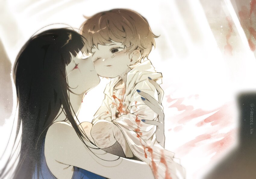2girls aged_down black_hair blood blood_on_clothes bloody_tears blue_nails brown_hair carrying carrying_person child child_carry commentary english_commentary heroine_(homicipher) highres homicipher indoors kiss kissing_cheek long_hair ms._blue-clad multiple_girls one_eye_closed raincoat short_hair sweeeet_him tearing_up white_raincoat
