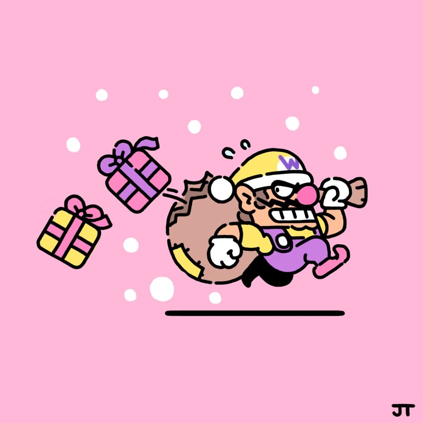 1boy big_nose box brown_hair chibi chibi_only commentary english_commentary facial_hair from_side gift gift_box gloves grin hat highres holding holding_sack james_turner male_focus mario_(series) mustache nintendo overalls pink_background pink_shoes purple_overalls running sack shirt shoes short_hair short_sleeves signature simple_background smile solo teeth torn_sack wario white_gloves yellow_hat yellow_shirt