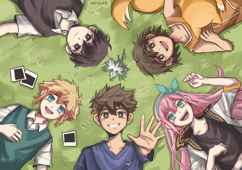 1girl 4boys arm_up artist_name aubrey_(faraway)_(omori) aubrey_(omori) basil_(faraway)_(omori) basil_(omori) black_eyes black_hair blonde_hair blue_eyes blue_hairband blue_sweater bright_pupils brown_eyes brown_hair closed_mouth collarbone collared_shirt dark-skinned_male dark_skin dog egret_orchid flower grass green_sweater_vest grin hairband hector_(omori) hero_(faraway)_(omori) hero_(omori) highres hiyon_(sun_hiyon) jacket kel_(faraway)_(omori) kel_(omori) long_hair long_sleeves lying multiple_boys omori on_back on_grass open_mouth parted_lips photo_(object) pink_hair shirt short_hair short_sleeves smile sweater sweater_vest teeth upper_teeth_only white_jacket white_pupils white_shirt