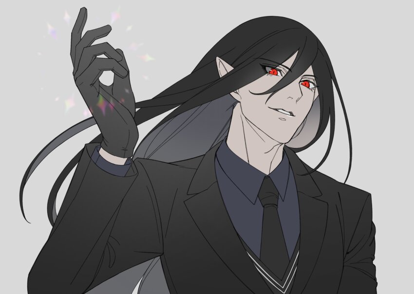 1boy aged_down ark1478 bishounen black_gloves black_hair black_necktie blazblue blazblue_phase_0 clavis_alucard gloves highres long_hair long_sleeves looking_at_viewer male_focus necktie pale_skin parted_lips pointy_ears red_eyes simple_background vampire