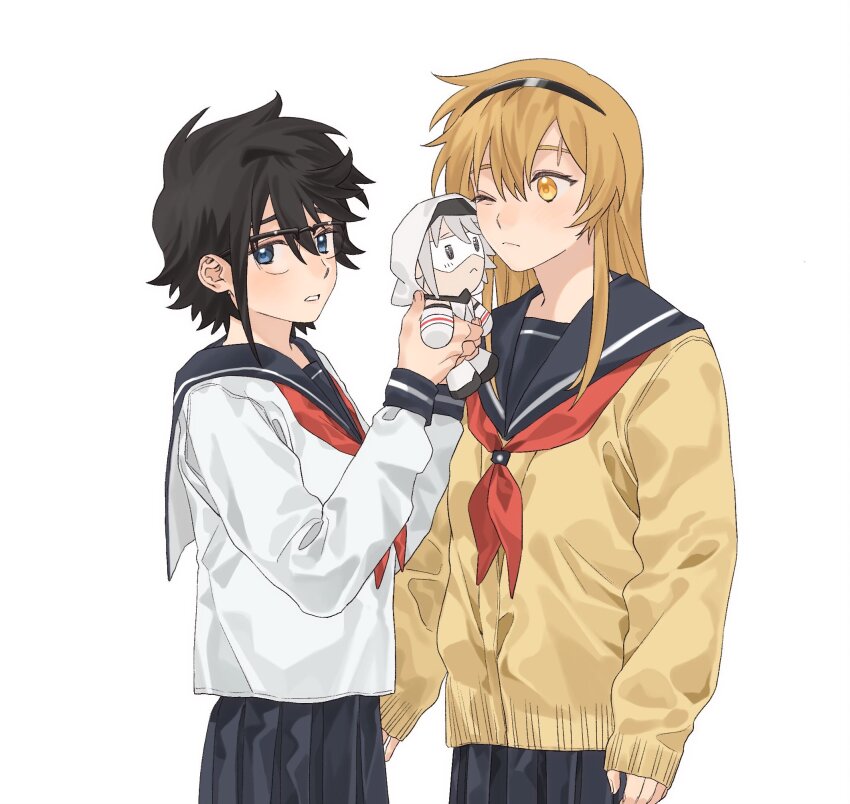 2girls black_hair black_headband black_sailor_collar black_skirt blonde_hair blue_eyes cardigan character_doll elbow_gloves eye_mask gloves headband highres holding holding_toy hood hood_up jiguang_haibao koishikawa_iko leotard long_hair looking_at_viewer momijiyama_teru multiple_girls neckerchief one_eye_closed parted_lips pleated_skirt sailor_collar scar_across_eyebrow scar_on_face school_uniform semi-rimless_eyewear serafuku shirt short_hair shy_(character) shy_(series) simple_background skirt sleeves_past_wrists stuffed_toy teeth toy white_background white_gloves white_hair white_leotard white_serafuku white_shirt white_stripes yellow_cardigan yellow_eyes yuri