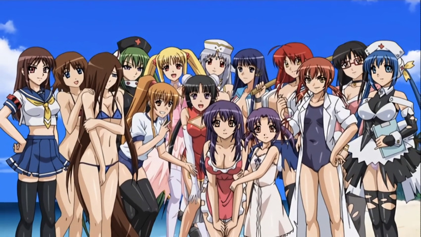 15_bishoujo_hyouryuuki 6+girls apron asou_saori bikini black_hair black_leotard black_skirt black_thighhighs blonde_hair blue_hair blue_skirt breasts brown_hair cap chiba_funako china_dress chinese_clothes cleavage clipboard covered_navel dress espresso_sabatini glasses green_hair grey_hair group_picture gym_uniform hat lab_coat lee_monmon leotard long_hair midriff miniskirt multiple_girls nago_nogiku naked_apron nanashi_(15_bishoujo_hyouryuuki) navel nurse_cap one-piece_swimsuit open_clothes open_shirt panties pink_dress pink_shirt ponytail purple_hair quin_(15_bishoujo_hyouryuuki) red_hair sanada_ema satake_hikari satake_kageko school_uniform screencap septem_(15_bishoujo_hyouryuuki) shirt short_hair short_twintails skirt strapless strapless_dress swimsuit takasaki_haruna takasaki_nozomu thighhighs torn_clothes torn_skirt torn_thighhighs twintails underwear white_dress white_panties white_thighhighs yaguruma_misao yaguruma_misao_(15_bishoujo_hyouryuuki) yotsuya_kotoko