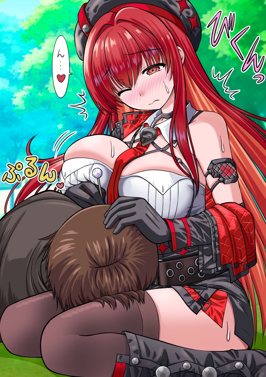 1boy 1girl absurdres bandolier belt beret black_hat black_pouch blush breasts brown_hair cleavage commander_(nikke) ear_cleaning gloves goddess_of_victory:_nikke gradient_necktie hat hetero highres holding jacket lap_pillow large_breasts long_hair long_sleeves military_jacket military_uniform mimikaki necktie official_alternate_design official_alternate_hair_color one_eye_closed outdoors rapi_(nikke) rapi_(red_hood)_(nikke) red_eyes red_hair red_necktie sakurazaka_mirai sitting tactical_clothes thighhighs two-tone_gloves two-tone_necktie uncommon_stimulation wariza