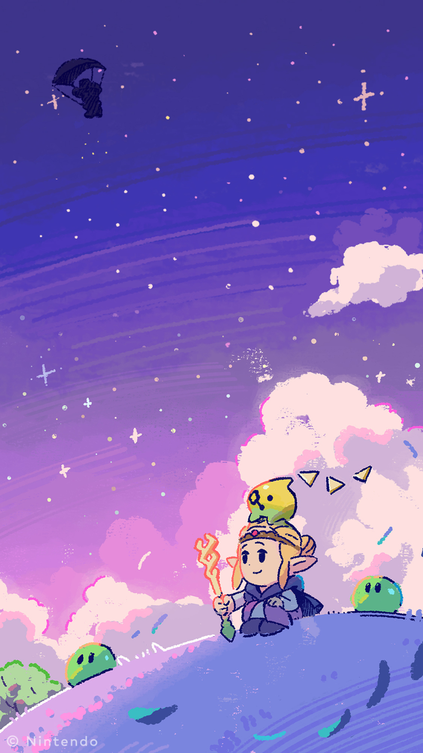 1boy 1girl 3others balloon blonde_hair circlet cloak cloud commentary copyright_notice creature_on_head evening field gold_circlet hair_bun highres holding holding_staff hood hooded_cloak mage_staff multiple_others nintendo official_art pointy_ears princess_zelda purple_sky single_hair_bun sitting sky smile staff star_(sky) starry_sky the_legend_of_zelda the_legend_of_zelda:_echoes_of_wisdom tri_(zelda) tri_rod