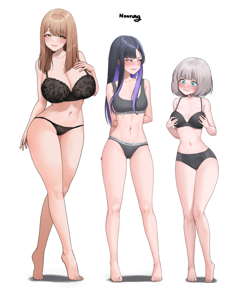 3girls arm_behind_back artist_name averting_eyes barefoot black_bra black_panties blue_eyes blush bra breasts brown_eyes brown_hair closed_mouth embarrassed emma_(nikke) eunhwa_(nikke) eyebrows_hidden_by_hair full-face_blush full_body goddess_of_victory:_nikke grey_hair hair_between_eyes hand_on_own_chest highleg highleg_panties highres holding_own_arm huge_breasts lingerie lips long_hair looking_at_viewer medium_breasts medium_hair multiple_girls navel noorung open_mouth panties purple_eyes purple_hair short_hair simple_background smile sports_bra stomach tiptoes underwear underwear_only vesti_(nikke) wavy_mouth white_background