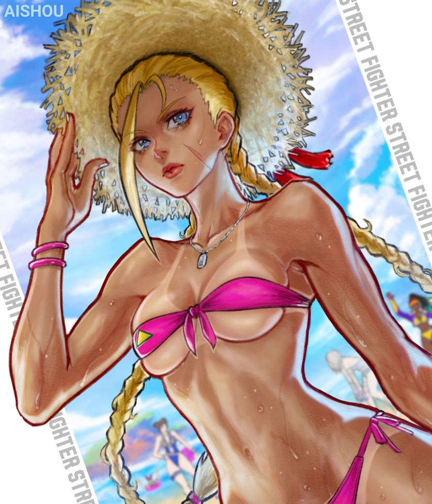 5girls a.k.i._(street_fighter) absurdres ai_shou artist_name bikini bikini_tan blonde_hair blue_eyes blurry blurry_background bracelet braid cammy_white capcom chun-li commentary copyright_name dark-skinned_female dark_skin english_commentary front-tie_bikini_top front-tie_top han_juri hat highres jewelry kimberly_jackson long_hair low_twin_braids mixed-language_commentary multiple_girls navel scar scar_on_face side-tie_bikini_bottom straw_hat street_fighter street_fighter_6 swimsuit tan tanline twin_braids
