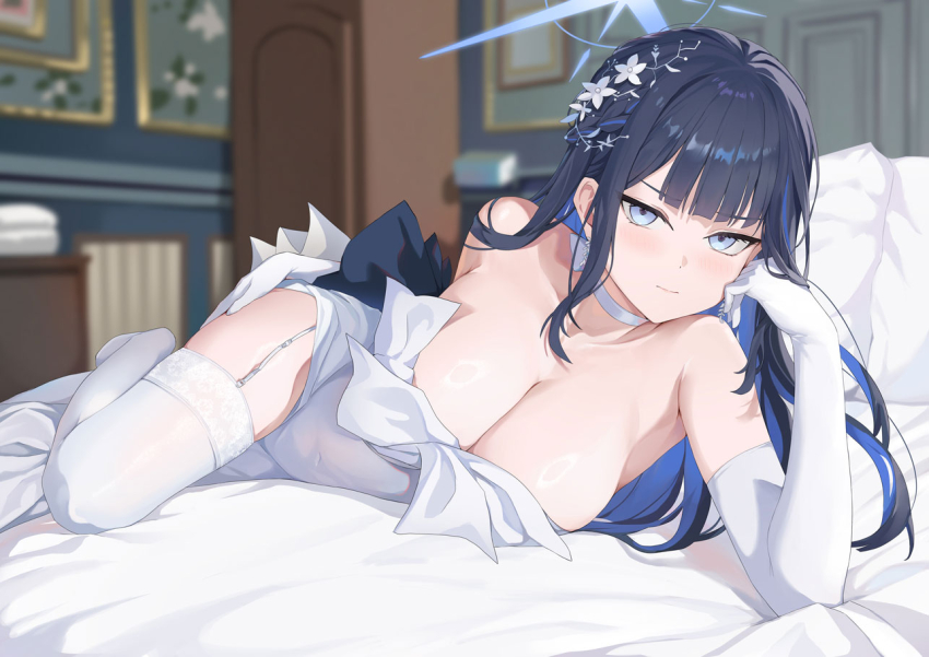 1girl bare_shoulders bed black_hair blue_archive blue_eyes blue_hair blue_halo blurry blurry_background breasts choker cleavage closed_mouth dress elbow_gloves elbow_rest flower gloves hair_flower hair_ornament halo hokori_sakuni indoors large_breasts looking_at_viewer lying multicolored_hair on_bed on_side pillow saori_(blue_archive) saori_(dress)_(blue_archive) solo thighhighs two-tone_hair white_choker white_dress white_gloves white_thighhighs
