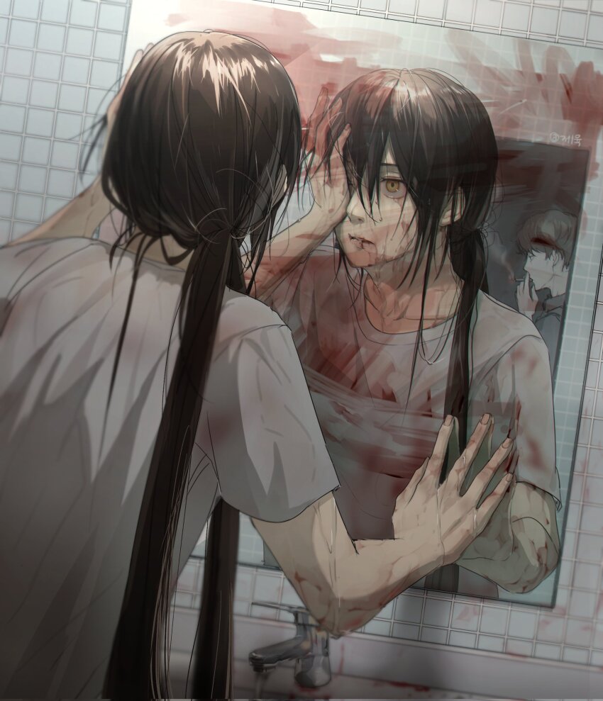 2boys bathroom black_shirt blood blood_from_mouth blood_on_arm blood_on_clothes blood_on_face blood_on_hands brown_hair cigarette dua_wpdbr ha_jinsung hand_on_own_face highres holding holding_cigarette jyu_viole_grace long_hair looking_at_mirror mirror multiple_boys one_eye_closed original ponytail reflection shirt sink smoke smoking tower_of_god water white_shirt yellow_eyes