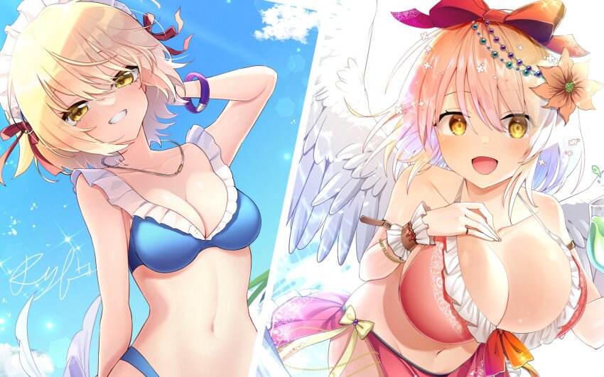 2girls :d angel_wings bikini blonde_hair blue_bikini blue_sky bow bracelet breasts cleavage clematis_(flower) cloud cloudy_sky collarbone commentary_request cowboy_shot cup day drinking_glass feathered_wings flower frilled_bikini frilled_bracelet frills gengetsu_(touhou) grin hair_bow hair_flower hair_ornament hair_ribbon happy hibiscus highres holding holding_cup jewelry large_breasts leaning_forward looking_at_viewer maid_headdress mugetsu_(touhou) multiple_girls navel necklace ocean open_mouth orange_flower outdoors palm_tree red_bow red_flower red_ribbon red_sarong ribbon sarong sea_scorpion_(umisasori) short_hair sky small_breasts smile summer swimsuit touhou touhou_(pc-98) tree wading white_wings wings yellow_eyes