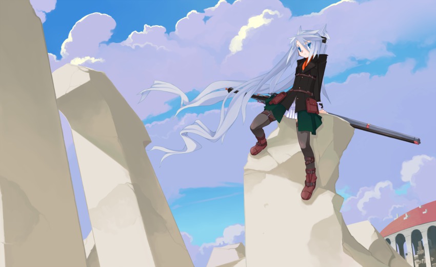1girl arm_support ascot belt_pouch blue_eyes boots brown_thighhighs cloud cloudy_sky coat day female_focus gun highres leaning long_hair looking_at_viewer mof mof&#039;s_silver_haired_twintailed_girl original pouch rifle ruins skirt sky solo thigh_strap thighhighs twintails very_long_hair weapon white_hair wind zettai_ryouiki