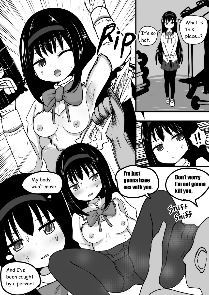 ! !! 1boy 1girl absurdres akemi_homura arm_up armpits bald bald_male blush bow bowtie breasts captured defeat emphasis_lines english_text feet greyscale gun hairband handgun hetero highres imminent_rape juliet_sleeves legs long_hair long_sleeves mahou_shoujo_madoka_magica meronlime mitakihara_school_uniform molestation monochrome multiple_views nipples one_eye_closed panties panties_under_pantyhose pantyhose pistol puffy_sleeves school_uniform skirt small_breasts smell smelling smelling_feet sound_effects spoken_exclamation_mark spread_legs standing stomach sweat tearing_clothes toes torn_clothes underwear undressing undressing_another weapon