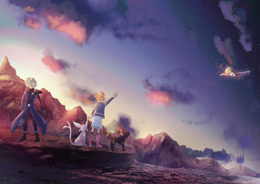 1boy 1girl arm_up boots cloud coat commentary espeon gen_2_pokemon highres ho-oh jacket legendary_pokemon long_sleeves lopuii nintendo orange_hair outdoors pink_boots pointing pokemon pokemon_(creature) pokemon_colosseum rui_(pokemon) signature skirt sky standing star_(symbol) two_side_up umbreon water wes_(pokemon) white_skirt