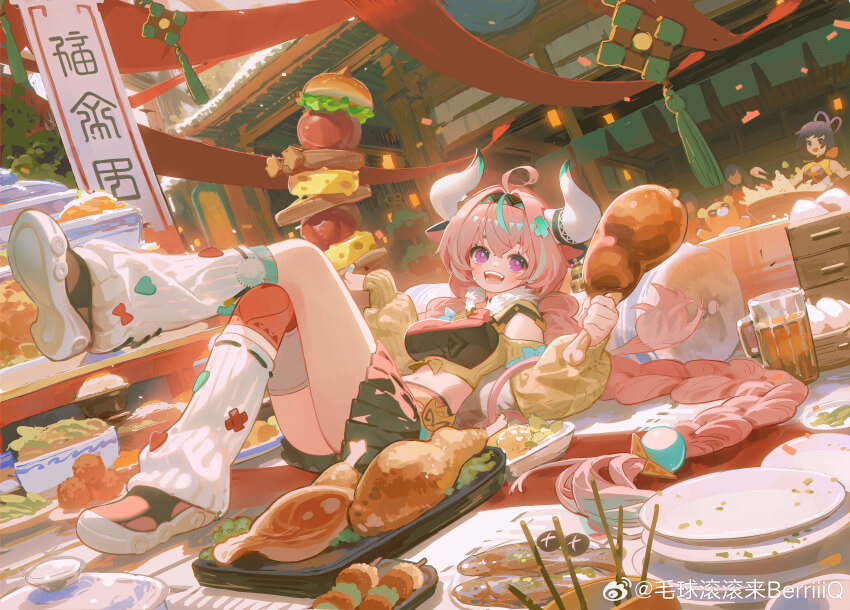 2girls absurdres ahoge animal_ears aqua_hair bell black_skirt braid breasts bright_pupils cooking cow_ears cow_girl cow_horns cow_tail cowbell crossed_legs detached_sleeves food full_body genshin_impact guoba_(genshin_impact) hairband highres holding holding_food horns leg_warmers lying maoqiu_gungun_lai_berriiiq multicolored_hair multiple_girls on_back open_mouth pink_hair plate purple_eyes shoes skirt sneakers streaked_hair tail twin_braids varesa_(genshin_impact) white_leg_warmers xiangling_(genshin_impact) yellow_sleeves