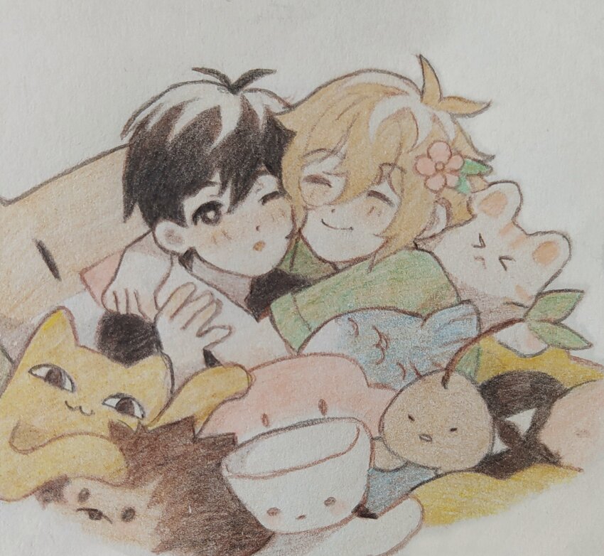 2boys basil_(faraway)_(omori) basil_(omori) big_yellow_cat_(omori) black_eyes black_hair blush bright_pupils character_doll closed_eyes closed_mouth doll highres hug male_focus multiple_boys omori one_eye_closed open_mouth smile snaley_(omori) sprout_mole stuffed_hedgehog sunny_(omori) toraafreshash white_pupils yaoi