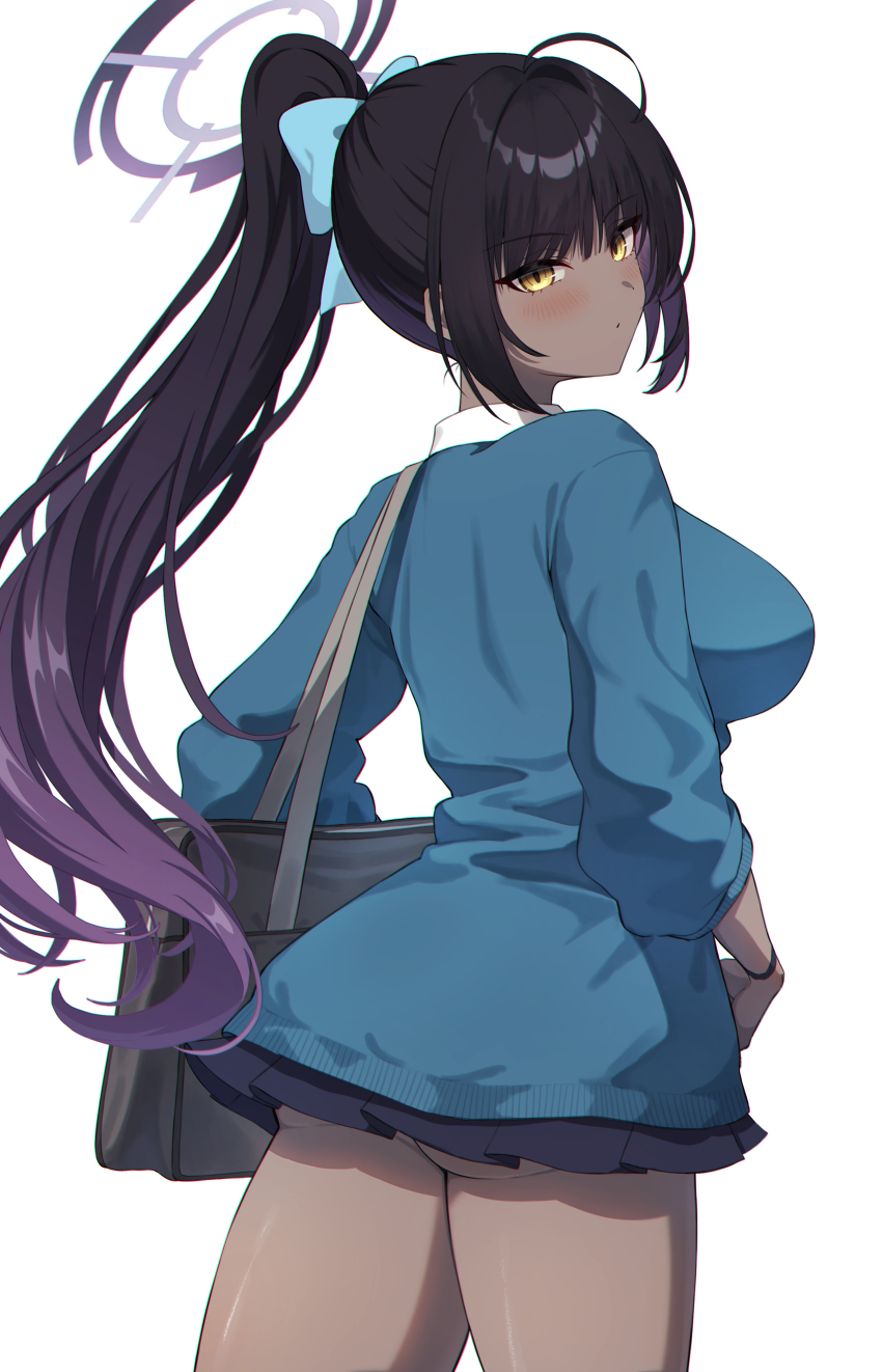 1girl absurdres ahoge akazaki_yukino bag black_hair black_skirt blue_archive blue_cardigan blush bow breasts cardigan collared_shirt commentary dark-skinned_female dark_skin from_behind hair_between_eyes hair_bow halo highres karin_(blue_archive) karin_(school_uniform)_(blue_archive) large_breasts long_hair looking_at_viewer looking_back multicolored_hair pleated_skirt ponytail purple_hair purple_halo school_uniform shirt shoulder_bag skirt solo thighs underbutt very_long_hair white_shirt wristband yellow_eyes