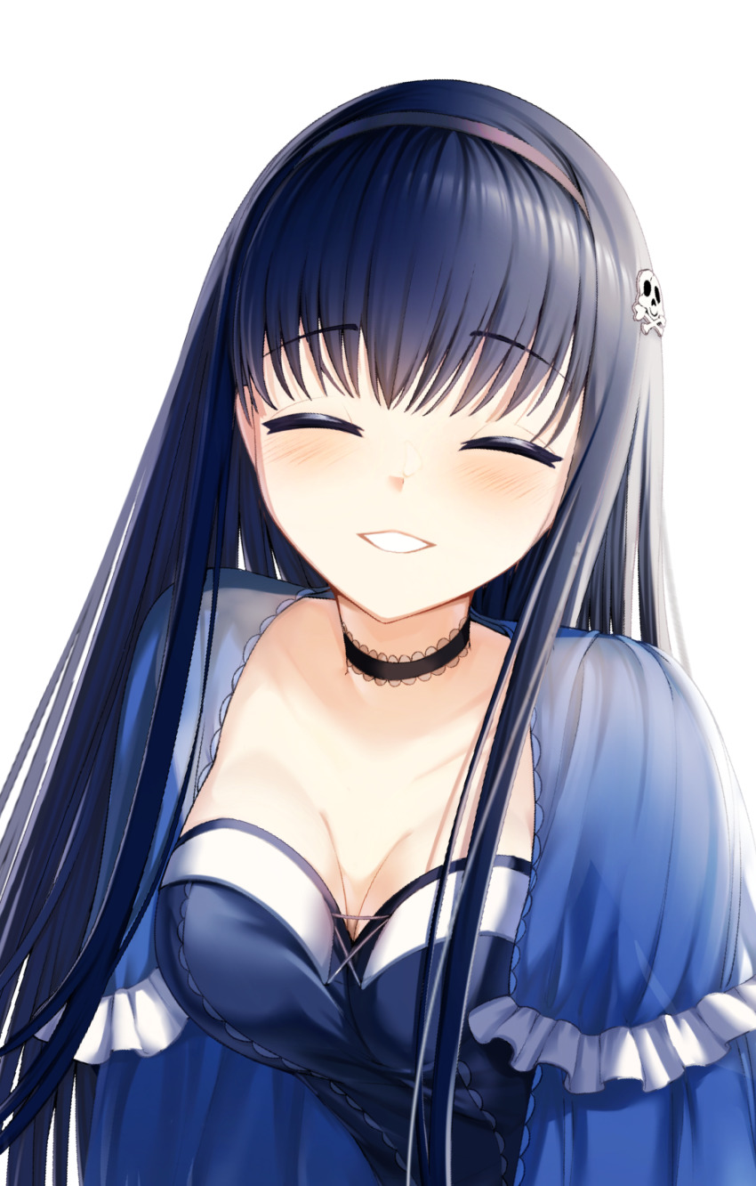 1girl ^_^ black_camisole black_choker black_hair black_hairband blue_capelet blush bone_hair_ornament breasts camisole capelet choker closed_eyes commentary_request facing_viewer frilled_capelet frilled_choker frills hair_between_eyes hair_ornament hairband happy hatsupainting highres kushima_kamome large_breasts long_hair parted_lips sidelighting simple_background skull_and_crossbones skull_hair_ornament smile solo straight_hair summer_pockets upper_body very_long_hair white_background