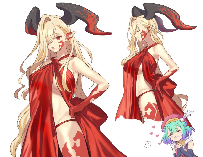 2girls aora asymmetrical_bangs bare_shoulders blonde_hair blood body_markings breasts closed_eyes cosplay dress elbow_gloves facial_mark fate/grand_order fate_(series) feathers gloves green_hair grin hair_over_one_eye hat highres horns large_breasts locusta_(event_portrait)_(fate) locusta_(fate) long_hair looking_at_viewer multicolored_hair multiple_girls multiple_views nero_claudius_(fate) nosebleed open_mouth panties pink_hat pointy_ears purple_hair queen_draco_(fate) queen_draco_(fate)_(cosplay) queen_draco_(first_ascension)_(fate) queen_draco_(third_ascension)_(fate) red_dress red_eyes red_panties revision short_hair side_slit small_breasts smile thighs two-tone_hair underwear