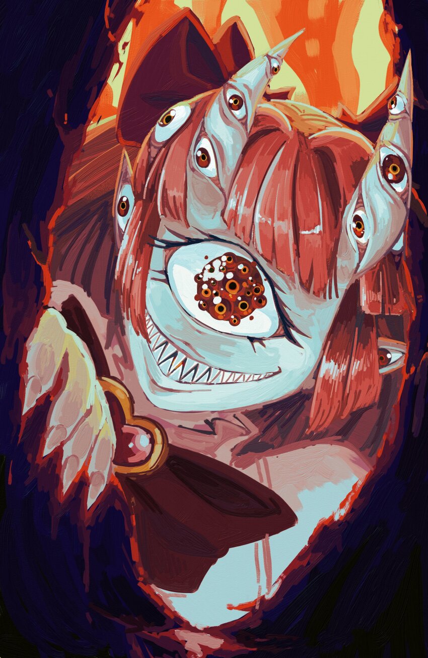 1girl absurdres black_bow blunt_bangs body_horror bow brooch cecilia_rosenkreutz commentary dark_foreground english_commentary extra_eyes extra_pupils fiery_background fingernails fire grin hair_bow head_tilt heart heart_brooch highres indie_virtual_youtuber jewelry long_hair looking_at_viewer one-eyed oni_girl pointy_ears red_hair second-party_source sharp_fingernails sharp_teeth sidelocks smile solo teeth virtual_youtuber wes_k._dance