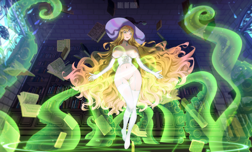 1girl absurdres blonde_hair book bookshelf breasts bustier choker cleft_of_venus corset embarrassed garter_straps gloves gradient_eyes green_eyes hat highres imminent_penetration large_breasts lingerie looking_at_viewer magic magic_circle multicolored_eyes navel nipples no_panties no_shoes open_mouth personification purple_eyes pussy restrained roll_out_road ruby_cinderbrooke short_hair solo stained_glass tarrant_(ruby_cinderbrooke) tentacles thighhighs thighs underwear very_short_hair virtual_youtuber white_gloves white_lingerie witch witch_hat