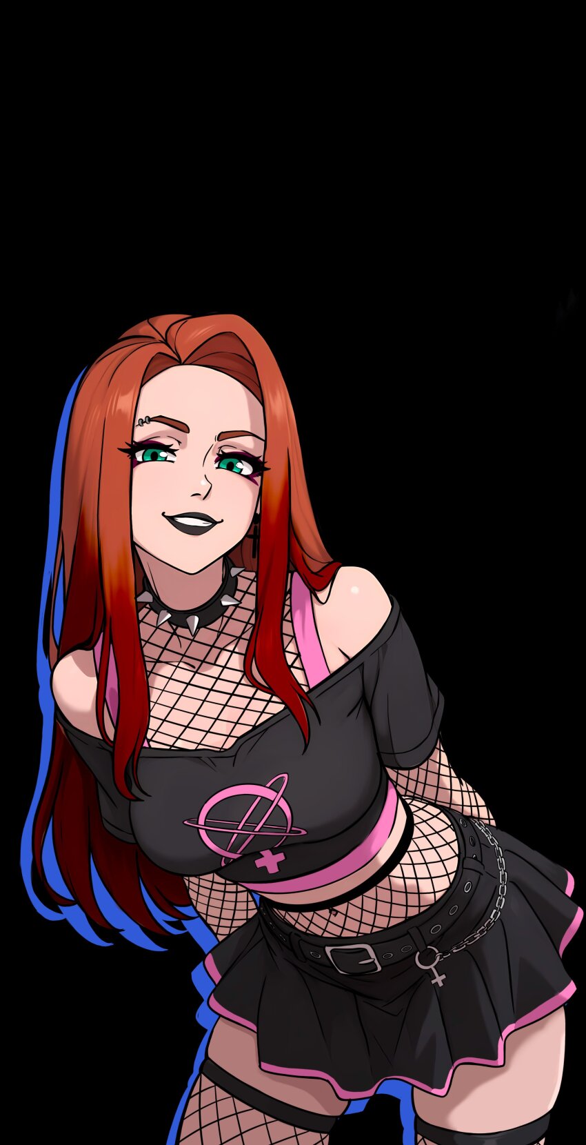 1girl absurdres atom_eve bare_shoulders black_background black_choker choker cowboy_shot detached_sleeves fishnet_sleeves fishnet_thighhighs fishnet_top fishnets goth_fashion green_eyes grin highres invincible_(series) looking_at_viewer midriff miniskirt navel pleated_skirt red_hair redpostit samantha_eve_wilkins simple_background skirt smile solo spiked_choker spikes thighhighs thighs upper_body zettai_ryouiki