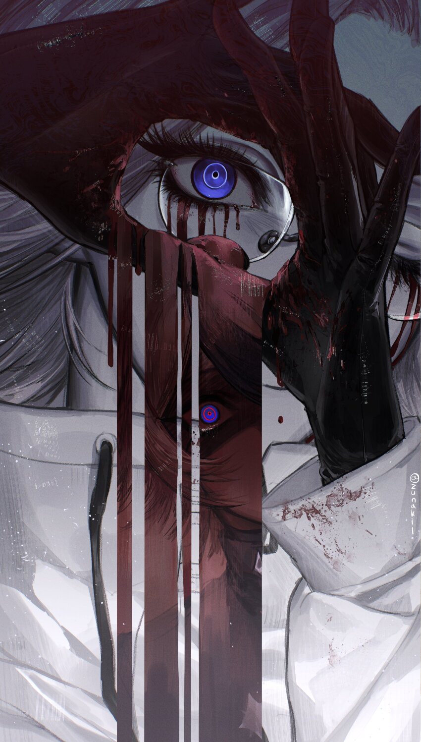 2boys absurdres aotsuki_eito black_gloves blood blood_on_gloves bloody_tears blue_eyes circle_hands commentary english_commentary glasses gloves grey_hair highres jacket looking_at_viewer male_focus multiple_boys one_eye_closed purple_eyes reflection revealing_layer short_hair solo_focus spoilers sumino_takumi surreal the_hundred_line_-last_defense_academy- twitter_username zun_(zunaki)