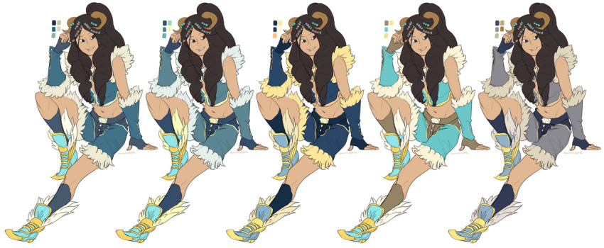 1girl black_hair black_socks blue_boots blue_gloves blue_shorts boots brown_horns brown_shorts brown_socks color_guide commentary english_commentary fingerless_gloves full_body fur-trimmed_gloves fur-trimmed_shirt fur-trimmed_shorts fur_trim gloves grey_gloves grey_shirt grey_shorts horns long_hair looking_afar memoryjoule ragnarok_online shirt shorts simple_background sitting sleeveless sleeveless_shirt smile sniper_(ragnarok_online) socks swept_bangs two-tone_gloves two-tone_shorts white_background