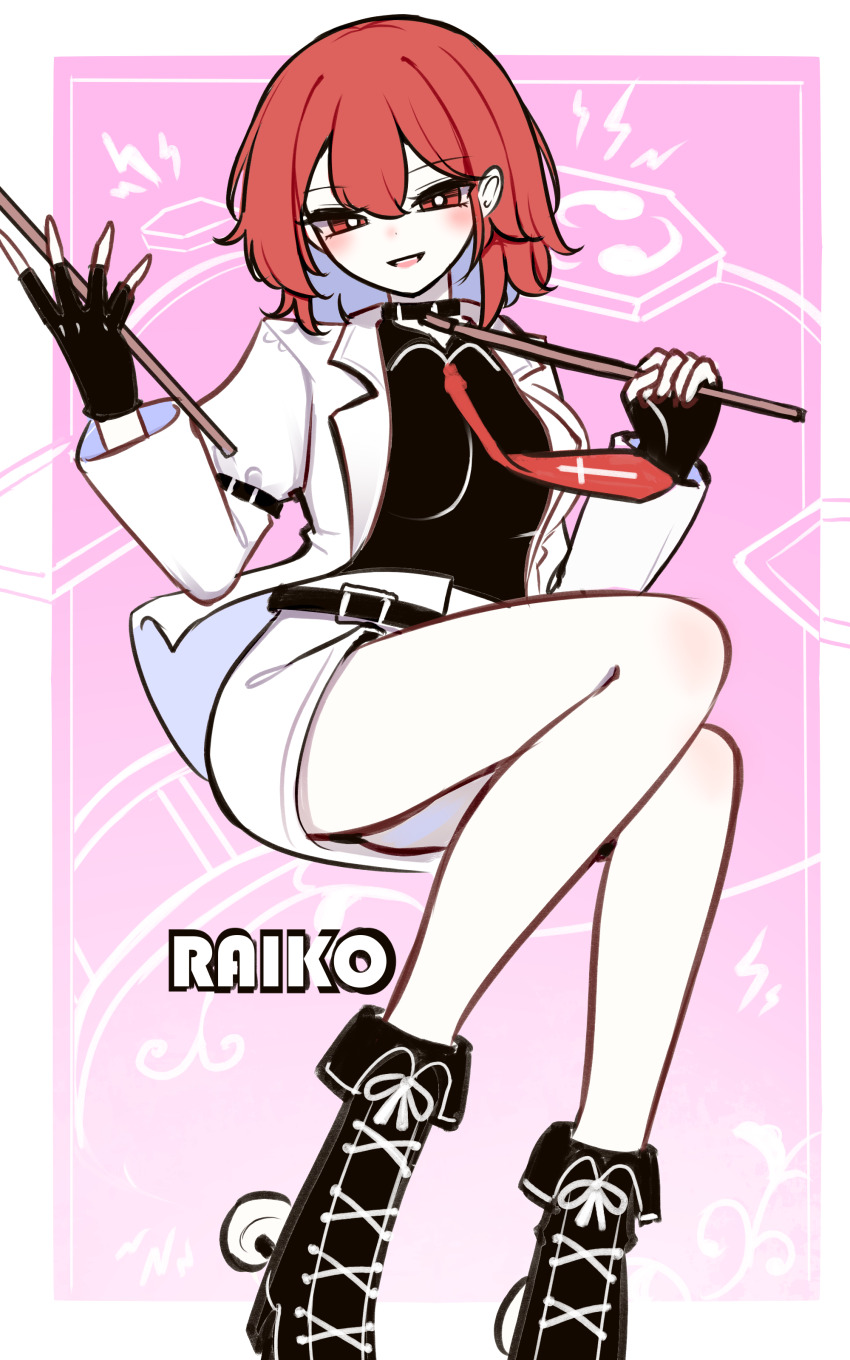 1girl :d absurdres belt black_gloves black_shirt black_shoes blush character_name commentary_request drum drumsticks fingerless_gloves gloves gradient_background highres holding holding_drumsticks horikawa_raiko instrument jacket lightning_bolt_symbol looking_at_viewer necktie open_mouth panties pink_background red_eyes red_hair red_necktie shen_bi_ren_(user_rjgy2824) shirt shoes short_hair skirt smile solo touhou underwear white_jacket white_panties white_skirt