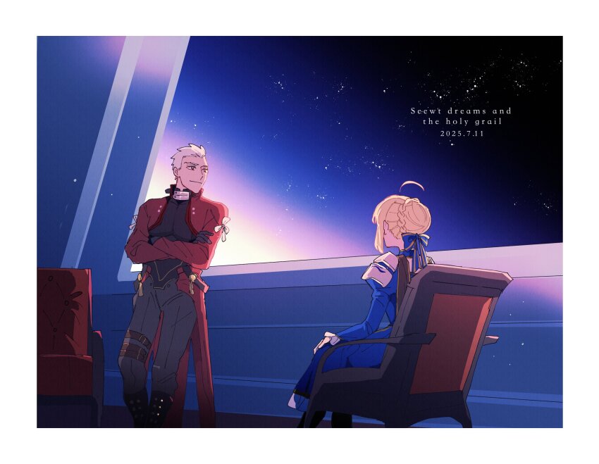 1boy 1girl archer_(fate) archer_(honkai:_star_rail)_(fate) artoria_pendragon_(fate) blonde_hair chair coat crossover dark-skinned_male dark_skin english_text etete2022 fate/stay_night fate/unlimited_blade_works fate_(series) highres honkai:_star_rail honkai_(series) red_coat saber_(fate) saber_(honkai:_star_rail)_(fate) sitting space spiked_hair typo white_hair