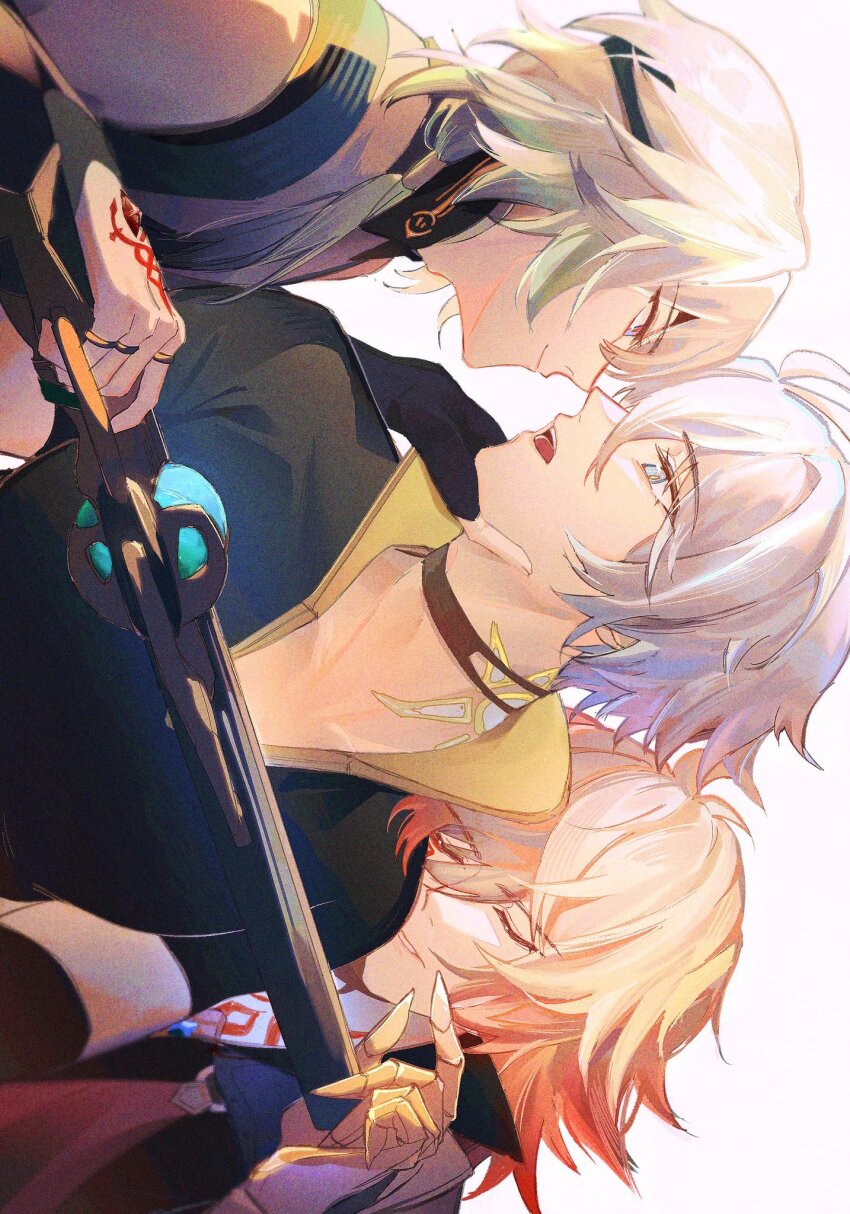 3boys anaxa_(honkai:_star_rail) antenna_hair aqua_hair birdsofpasssage black_choker black_coat black_gloves black_shirt blonde_hair blue_eyes braid chest_tattoo choker clawed_gauntlets coat collared_shirt commentary gloves gold_ring gradient_hair hair_between_eyes hair_intakes hair_over_shoulder hand_on_another&#039;s_chin hand_tattoo head_on_another&#039;s_shoulder highres honkai:_star_rail honkai_(series) jewelry leaning_on_person long_hair love_triangle low_ponytail male_focus medium_hair multicolored_hair multiple_boys multiple_rings mydei_(honkai:_star_rail) open_mouth parted_lips partially_fingerless_gloves phainon_(honkai:_star_rail) ponytail profile red_hair red_tattoo ring shirt short_hair side_braid sideways sideways_glance simple_background sleeveless sleeveless_shirt sun_symbol sun_tattoo tan tattoo white_background white_hair white_shirt yaoi