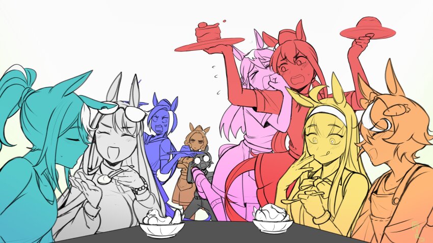 &gt;_&lt; &gt;o&lt; +_+ 6+girls :d absurdres adjusting_eyewear ahoge anger_vein animal_ears arms_up bare_shoulders bead_bracelet beads blush bow bowtie bracelet bullet&#039;n_board cake cake_slice closed_eyes collared_shirt comely_material_morning_(horse_race_tests) commentary curly_hair cyan_(horse_race_tests) door_knob_(horse_race_tests) downtown_skybox dress_shirt english_commentary eyebrows_hidden_by_hair eyewear_on_head feeding flying_sweatdrops food glasses grabbing_another&#039;s_arm hairband hand_on_own_face hat highres holding holding_food holding_plate horse_ears horse_girl horse_race_tests horse_tail ice_cream jewelry jovial_merryment mir_(miryumiya) multicolored_hair multiple_girls multiple_monochrome narrowed_eyes opaque_glasses open_mouth overalls pants plate ponytail pudding resolute_mind_afternoon sharp_teeth shirt short_sleeves smile standing standing_on_one_leg streaked_hair superstitional_realism sweat tail tank_top teeth tongue tongue_out waitress xd yellow_(horse_race_tests)